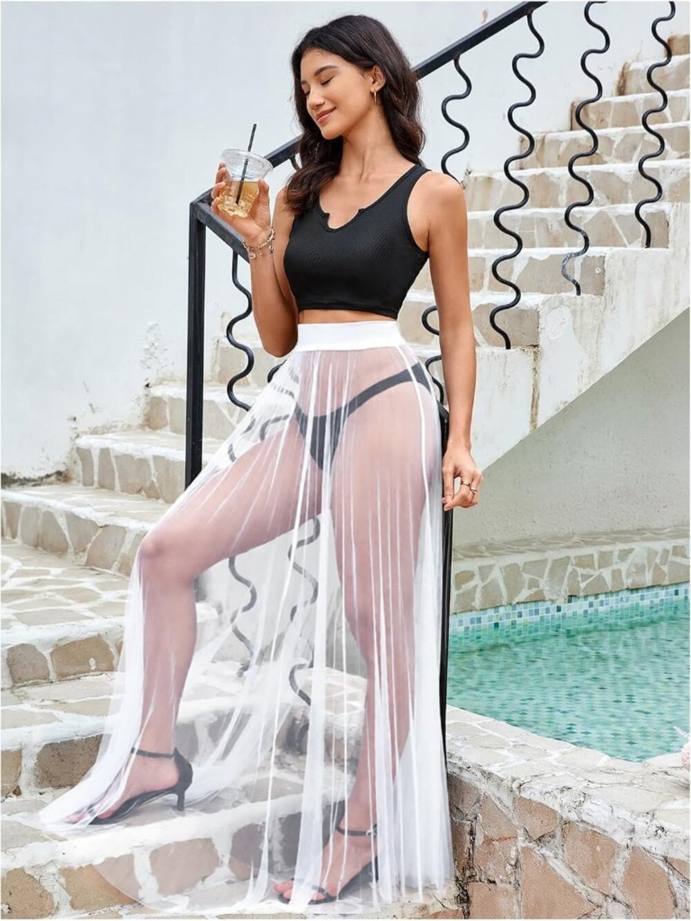Women's White Sheer Mesh High Waist See Through Flowy Lace Cover Up Maxi Skirt - Picture 6 of 6